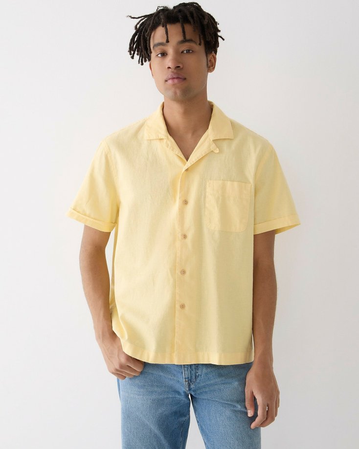 Men J.Crew Casual Shirts | Hemp-Cotton-Blend Camp-Collar Shirt Pale Banana