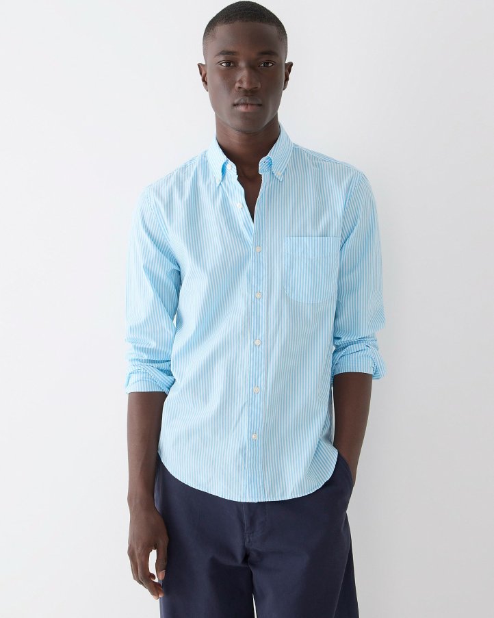 Men J.Crew Casual Shirts | Secret Wash Cotton Poplin Shirt Crew Stripe Blue White