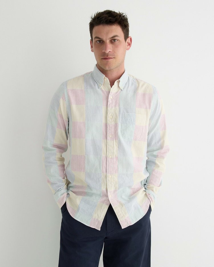 Men J.Crew Casual Shirts | Secret Wash Cotton Poplin Shirt In Pattern Mini Tattersall Patchwo