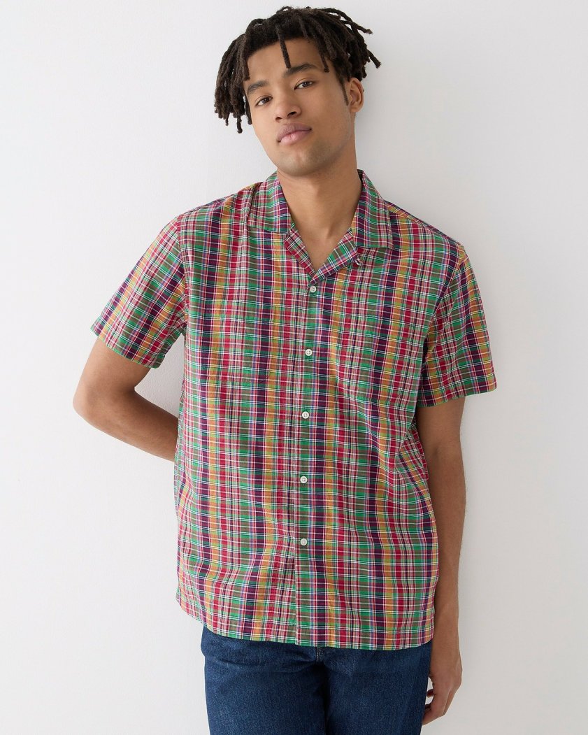 Men J.Crew Casual Shirts | Camp-Collar Shirt In Indian Madras Orchard Madras Green Mu