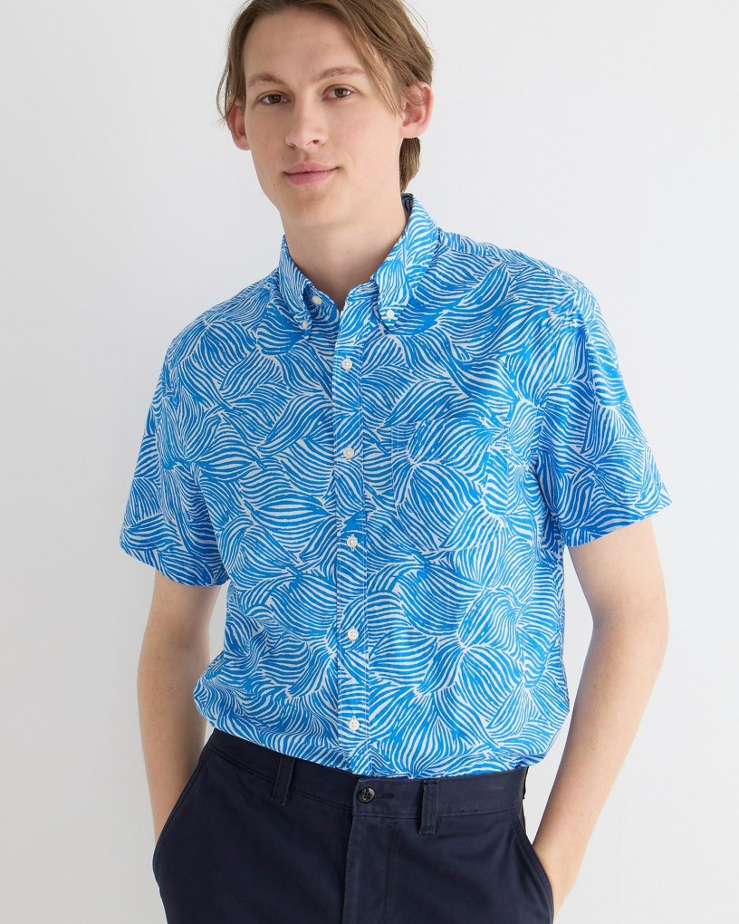 Men J.Crew Casual Shirts | Short-Sleeve Slub Cotton Shirt Wave Lines White Blue